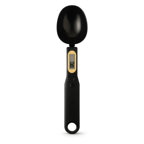 Colher de medida digital com design compacto, ideal para armazenamento fácil em gavetas.