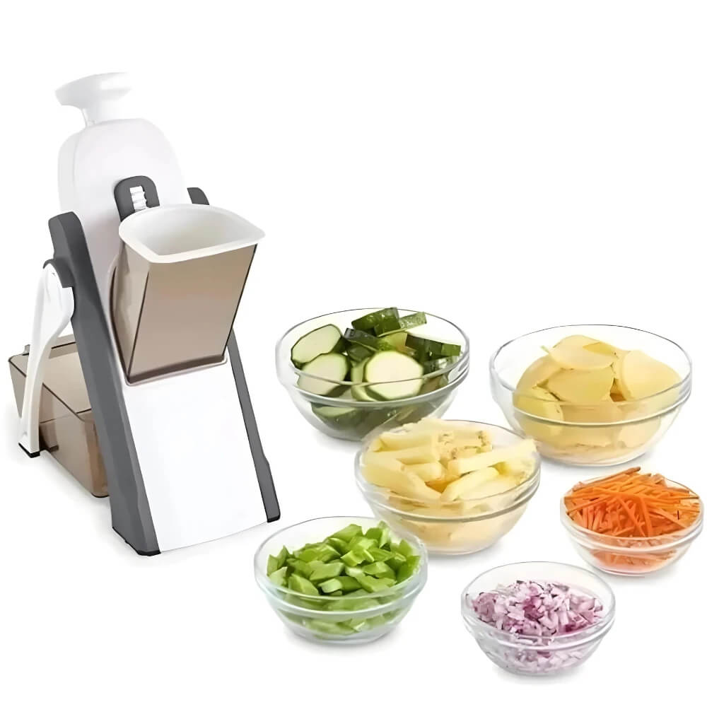 Cortador fatiador multifuncsdsdional 5 em 1 com design compacto e prático para armazenamento.