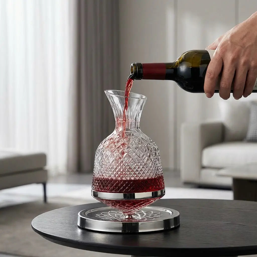 Decantador de vinho rotativo 360 em cristal sobre mesa posta, em uso no jantar, evidenciando aeração e design elegante
