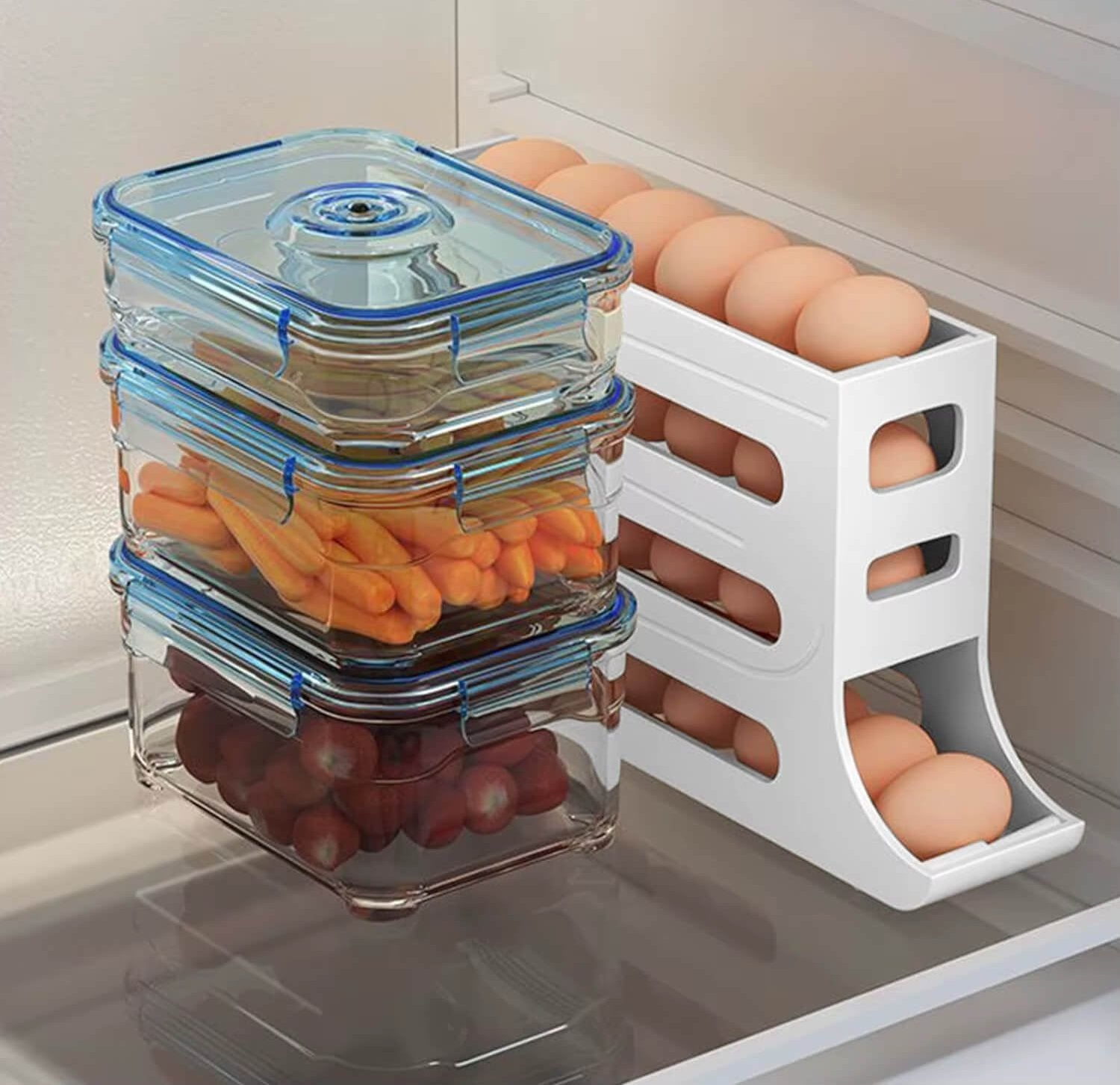 Dispensador Automático de Ovos com design inclinado, facilitando a rolagem dos ovos e o acesso rápido.