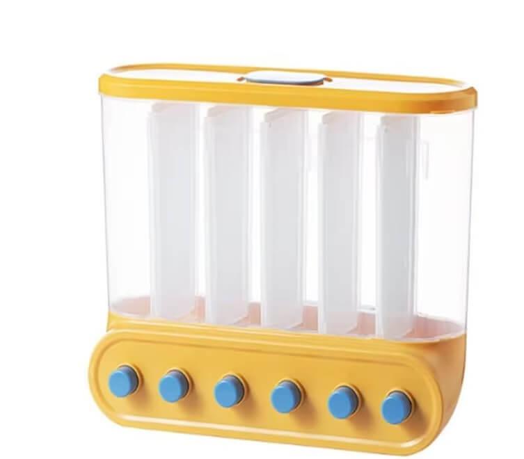Distribuidor de Cereais com 6 Grades na cor amarela, ideal para armazenar grãos e cereais de maneira prática e organizada.