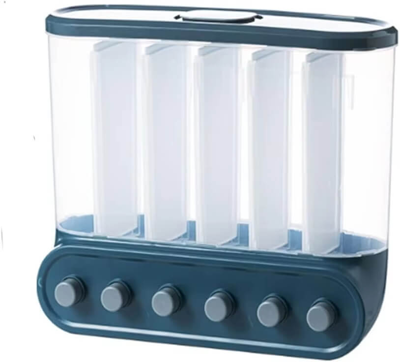 Distribuidor de Cereais com 6 Grades na cor azul, com sistema de pressão para acesso fácil aos alimentos sem desperdício.