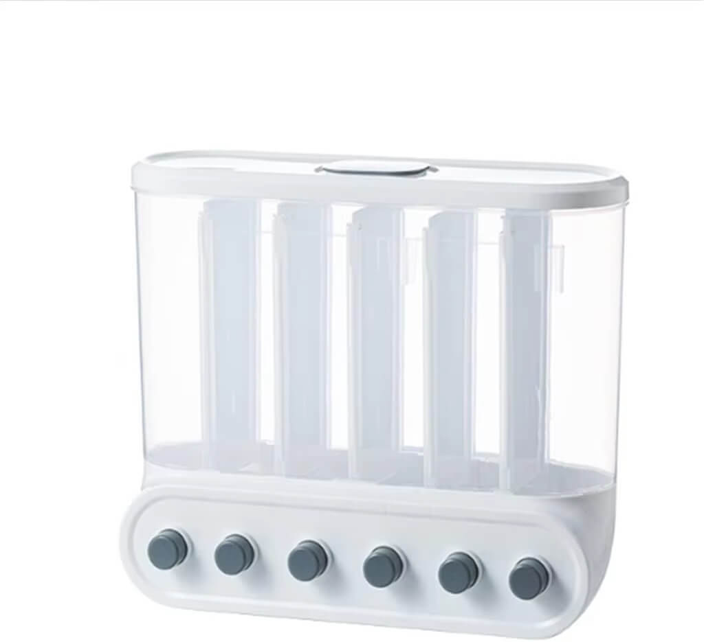 Distribuidor de Cereais com 6 Grades na cor branca, com tampa removível e material transparente para facilitar a visualização e o reabastecimento.
