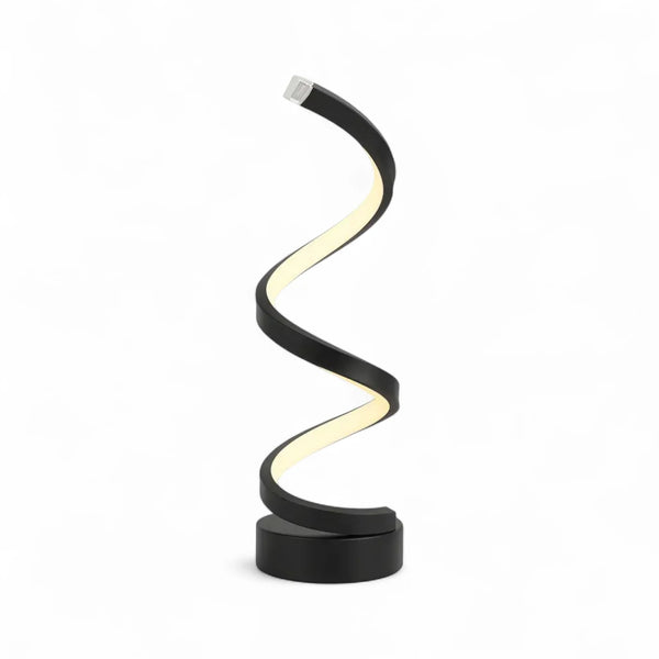 Luminária de mesa espiral minimalista exibida em ambiente moderno, destacando seu design sofisticado e iluminação suave em três temperaturas de cor.