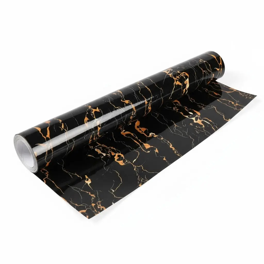 Papel de Parede Marmorizado Autoadesivo Preto com veios dourados