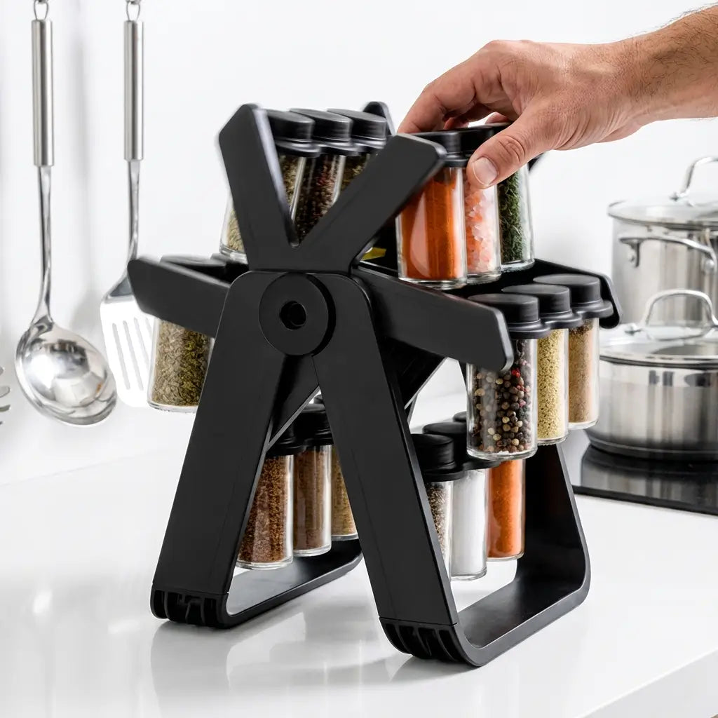 Potes de vidro do porta temperos com etiquetas adesivas para identificação rápida de especiarias como orégano, páprica e cominho