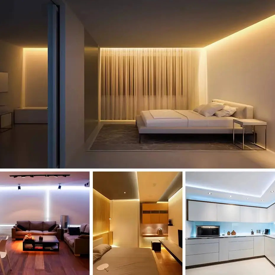 Fita LED COB impermeável iluminando um ambiente moderno com luz uniforme e de alto desempenho.