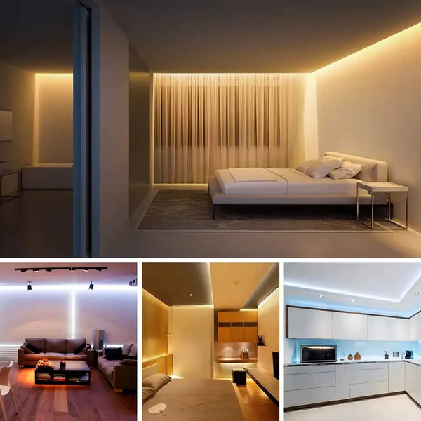 Fita LED COB impermeável iluminando um ambiente moderno com luz uniforme e de alto desempenho.