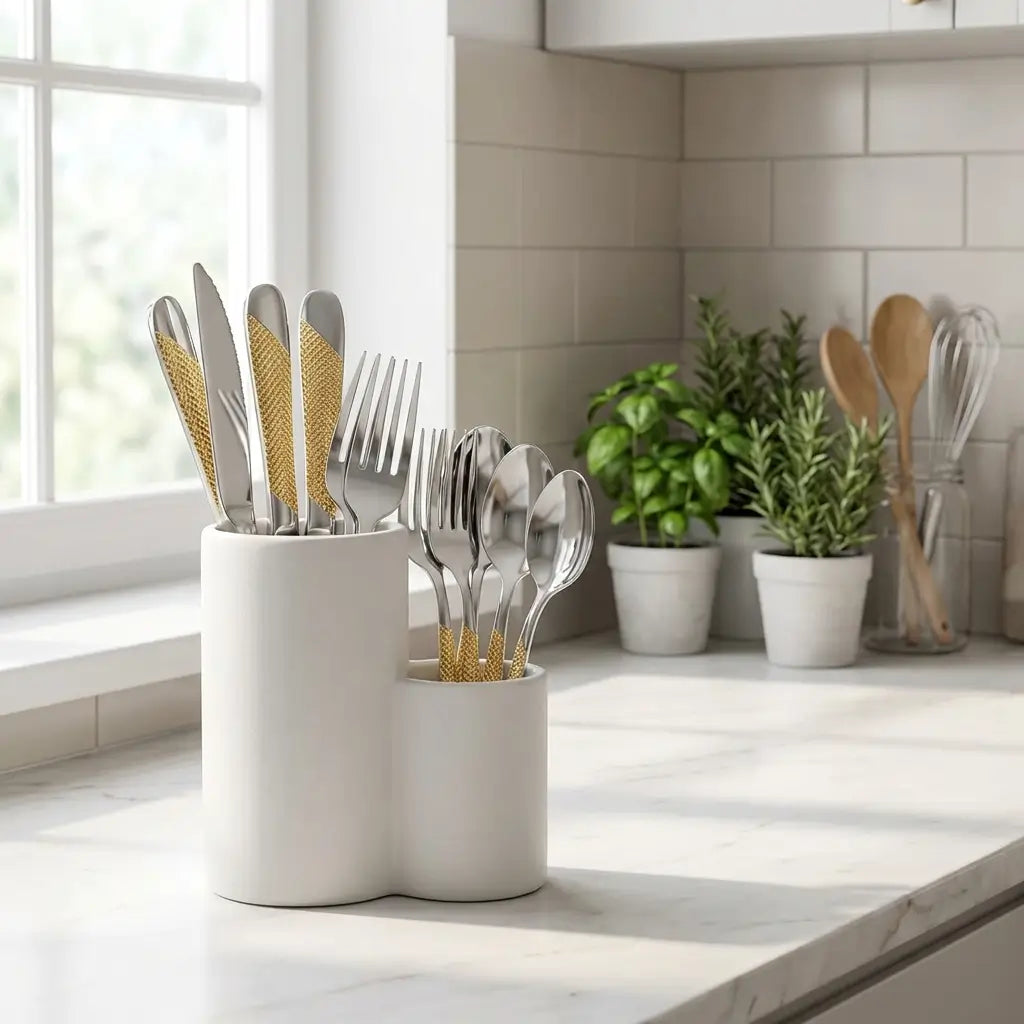 Close de garfo, faca e colher com cabo dourado, destacando qualidade e brilho do acabamento