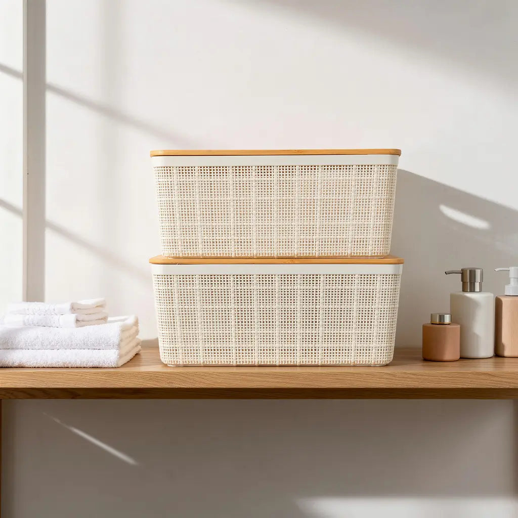 Kit 3 Caixas Organizadoras 4L Brancas com Tampa de Bambu — 24x19x10,5cm