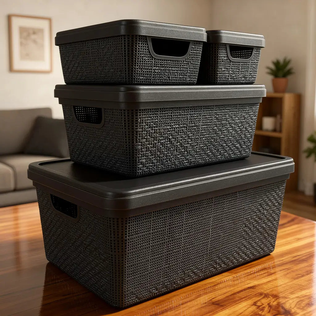 Kit 4 Caixas Organizadoras com Tampa Empilháveis Design Juta — 1,8L, 5L e 15L