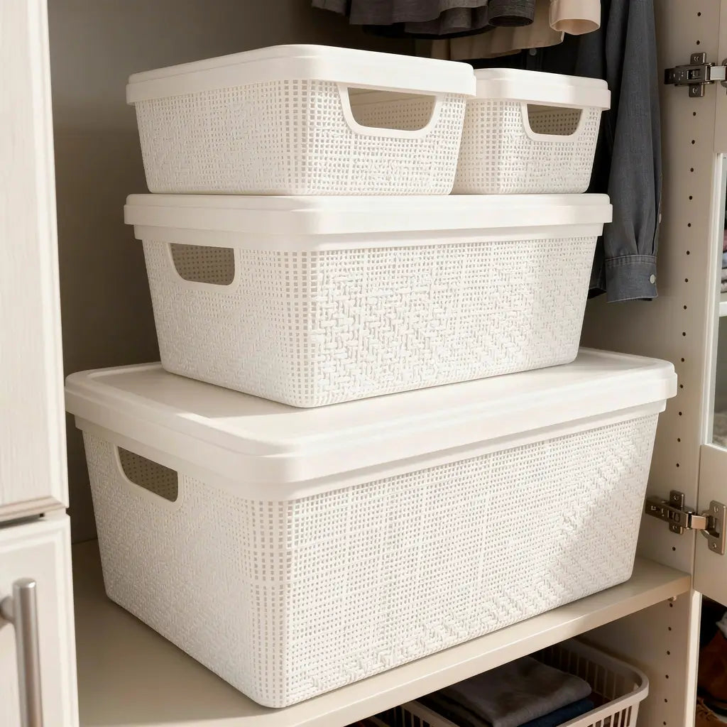 Kit 4 Caixas Organizadoras com Tampa Empilháveis Design Juta — 1,8L, 5L e 15L