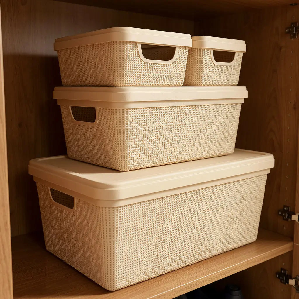 Kit 4 Caixas Organizadoras com Tampa Empilháveis Design Juta — 1,8L, 5L e 15L