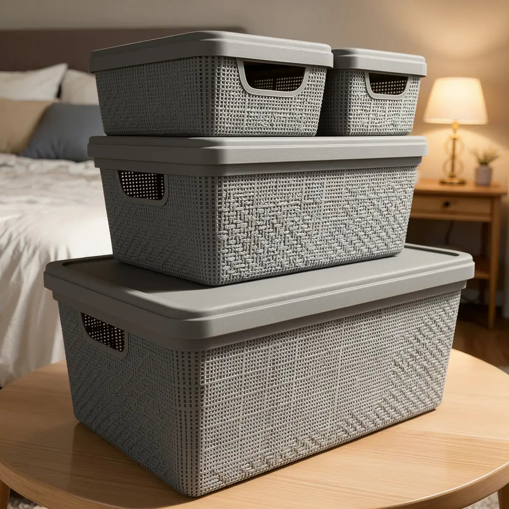 Kit 4 Caixas Organizadoras com Tampa Empilháveis Design Juta — 1,8L, 5L e 15L