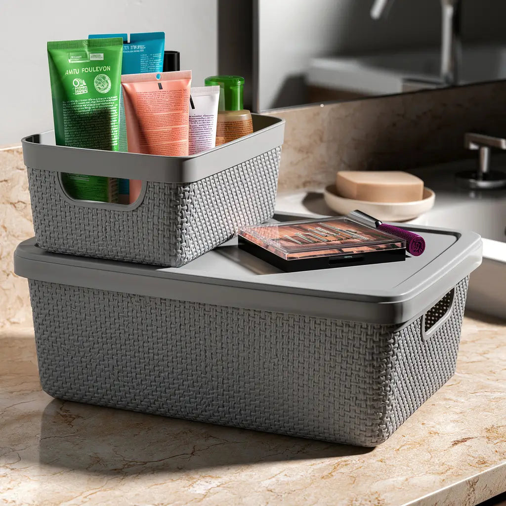 Kit 4 Caixas Organizadoras com Tampa Empilháveis Design Juta — 1,8L, 5L e 15L