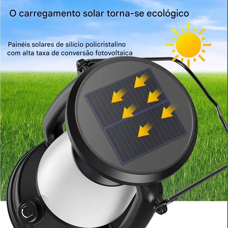 Lanterna retrô com carregamento USB Tipo C e energia solar, garantindo praticidade e sustentabilidade para uso em locais remotos.