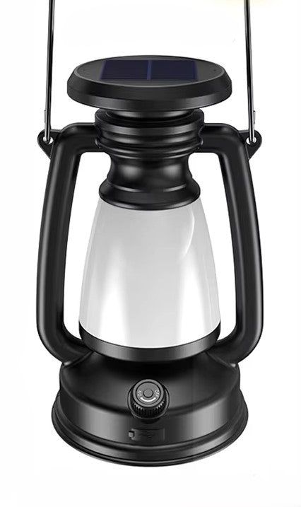 Lanterna retrô portátil para camping com design clássico em preto e bronze, ideal para aventuras ao ar livre.