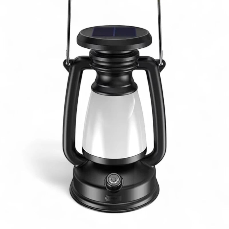 Lanterna retrô portátil para camping com design clássico em preto e bronze, ideal para aventuras ao ar livre.