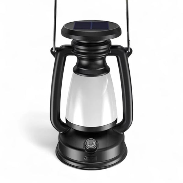 Lanterna retrô portátil para camping com design clássico em preto e bronze, ideal para aventuras ao ar livre.