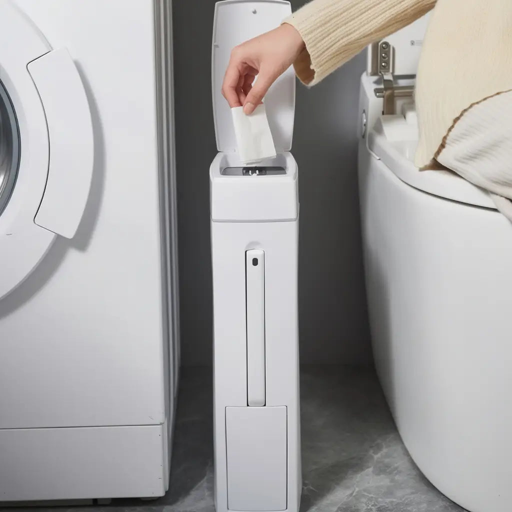 Lixeira slim com escova sanitária integrada posicionada ao lado do vaso em banheiro organizado e clean