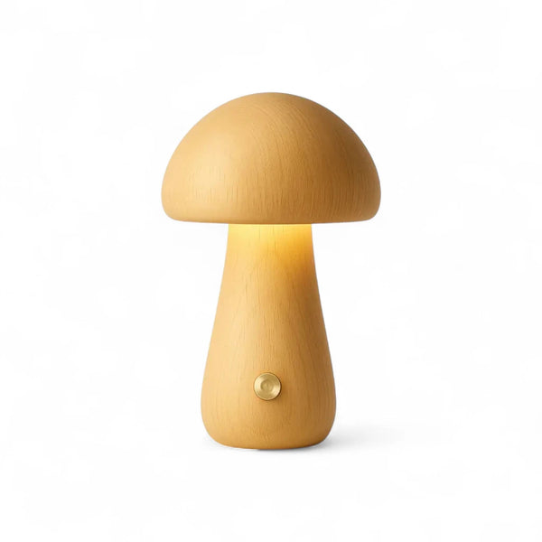 Luminária Noturna em formato de cogumelo, feita de madeira natural, trazendo um design aconchegante e sofisticado para o ambiente.