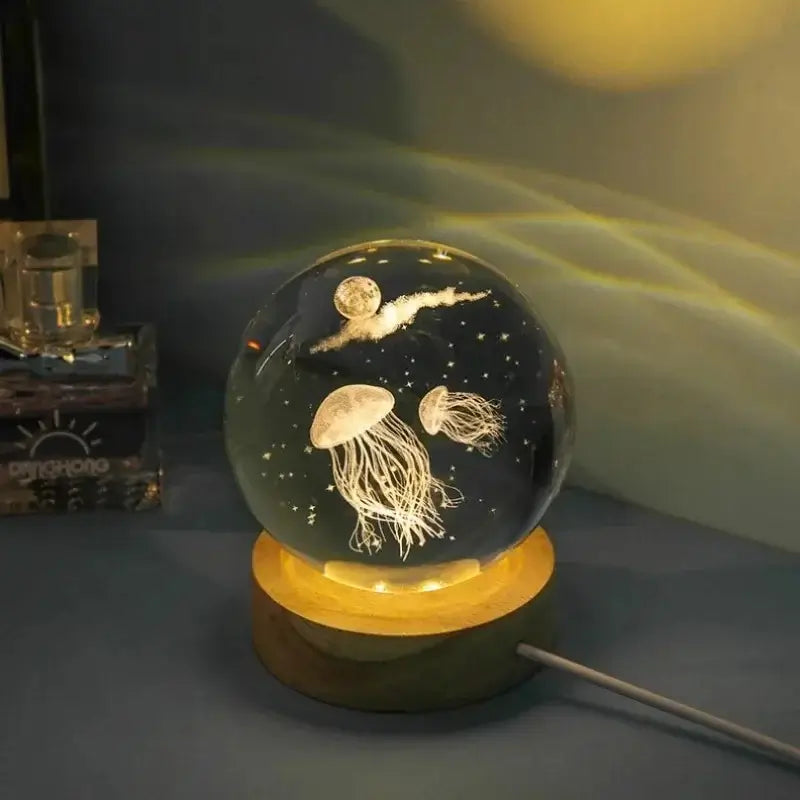 Luminária LED 3D exibida em ambiente moderno, com esfera de cristal gravada a laser e base de madeira iluminada por LED de luz branca quente.