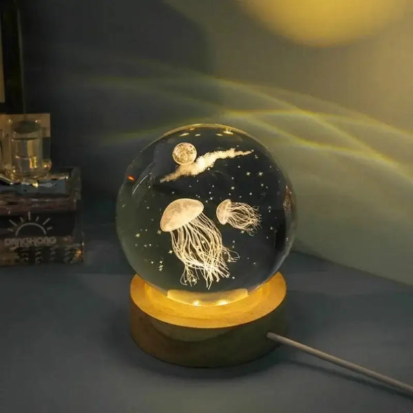 Luminária LED 3D exibida em ambiente moderno, com esfera de cristal gravada a laser e base de madeira iluminada por LED de luz branca quente.