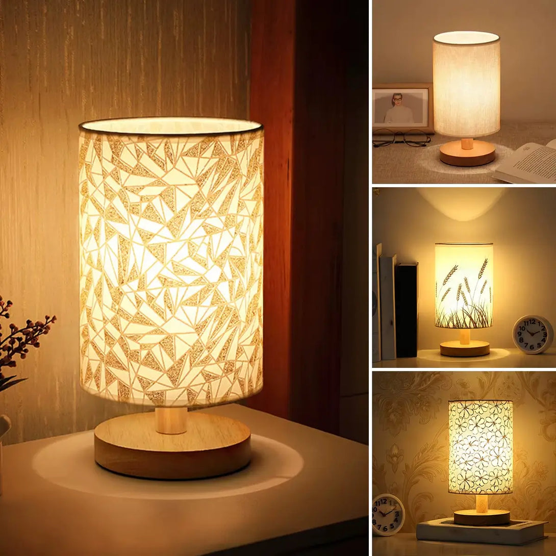 Luminária de mesa de linho instalada em um ambiente aconchegante, ideal para quartos e escritórios que buscam uma iluminação suave e acolhedora.
