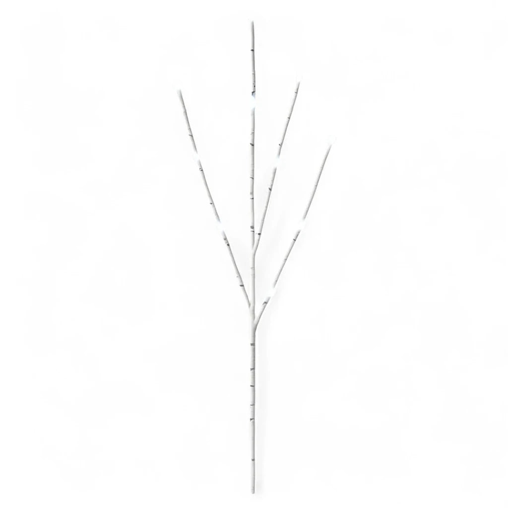 Visão geral do galho decorativo com 20 LEDs de luz branca morna, ideal para criar um ambiente romântico e acolhedor em festas e decorações.