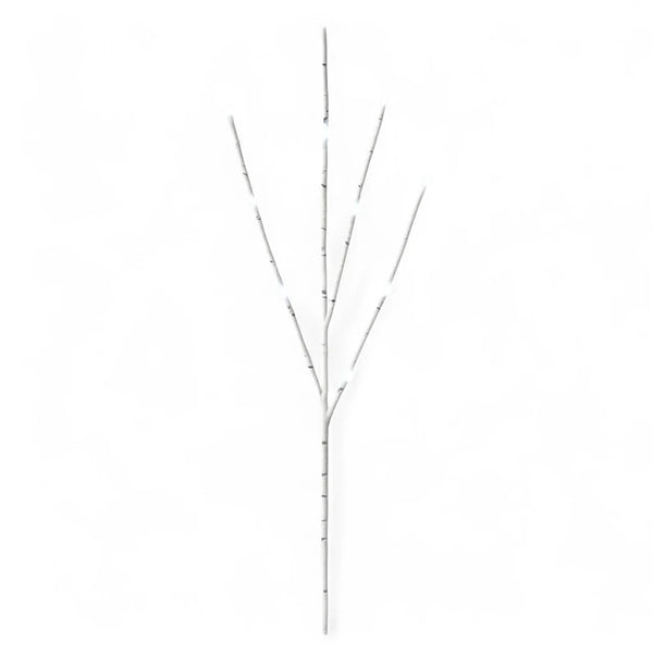 Visão geral do galho decorativo com 20 LEDs de luz branca morna, ideal para criar um ambiente romântico e acolhedor em festas e decorações.