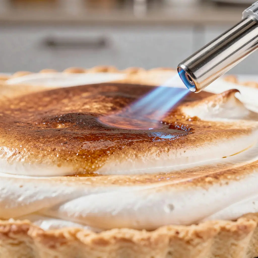 Maçarico culinário profissional caramelizando açúcar de creme brulée com chama precisa e controlada