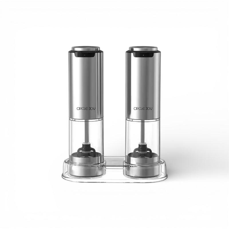 Moedor de pimenta elétrico em aço inoxidável escovado com luz LED e base multifuncional inclusa