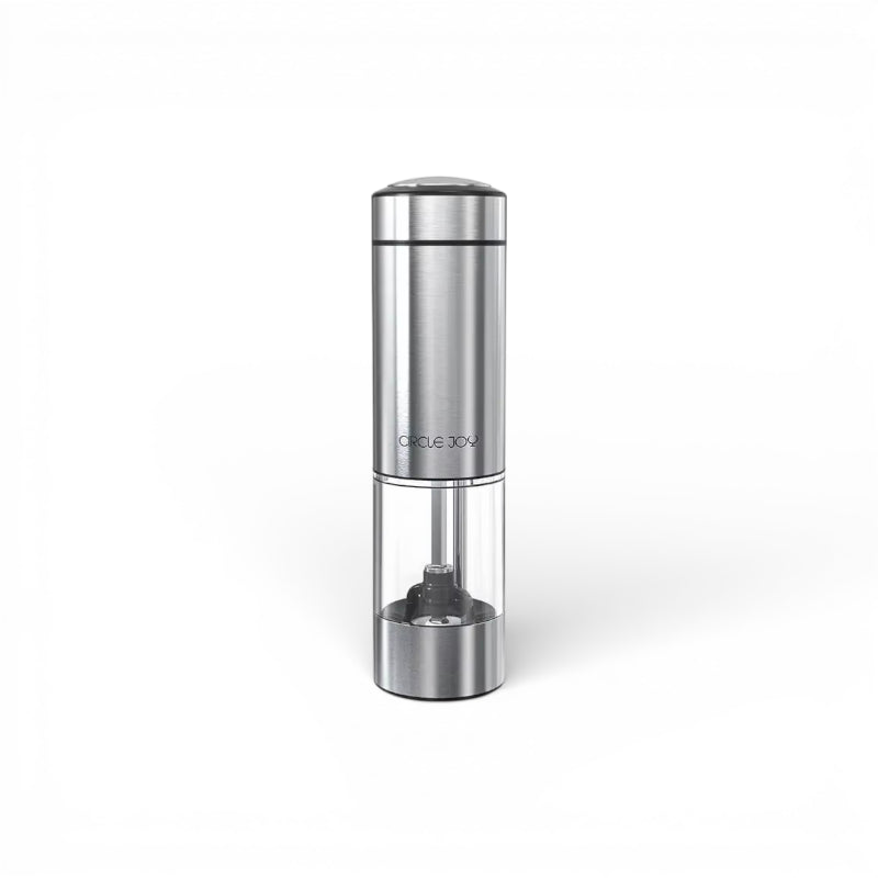 Moedor de pimenta elétrico em aço inoxidável escovado na bancada de cozinha moderna, unindo praticidade e elegância