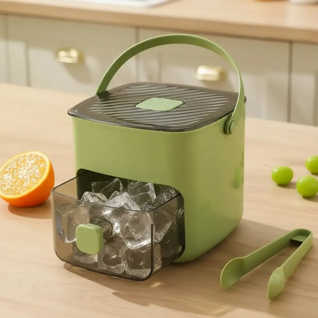 Molde de cubo de gelo 48 grades organizado dentro do freezer, mostrando design compacto e empilhável