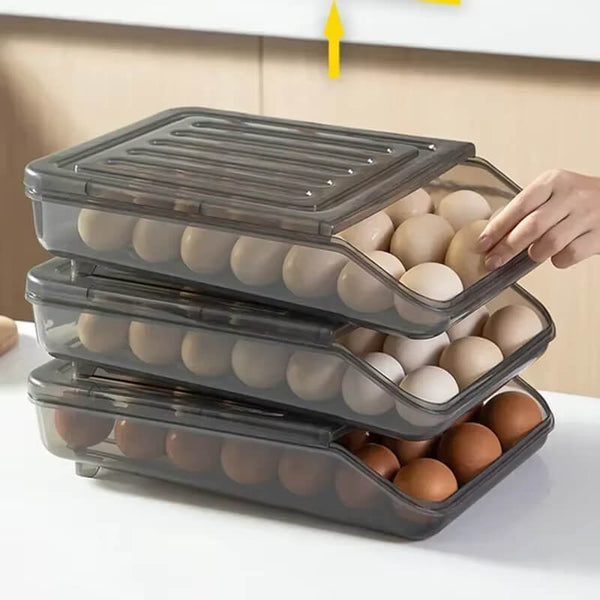 Organizador Empilhável para Ovos com design deslizante, proporcionando fácil acesso e organização eficiente.