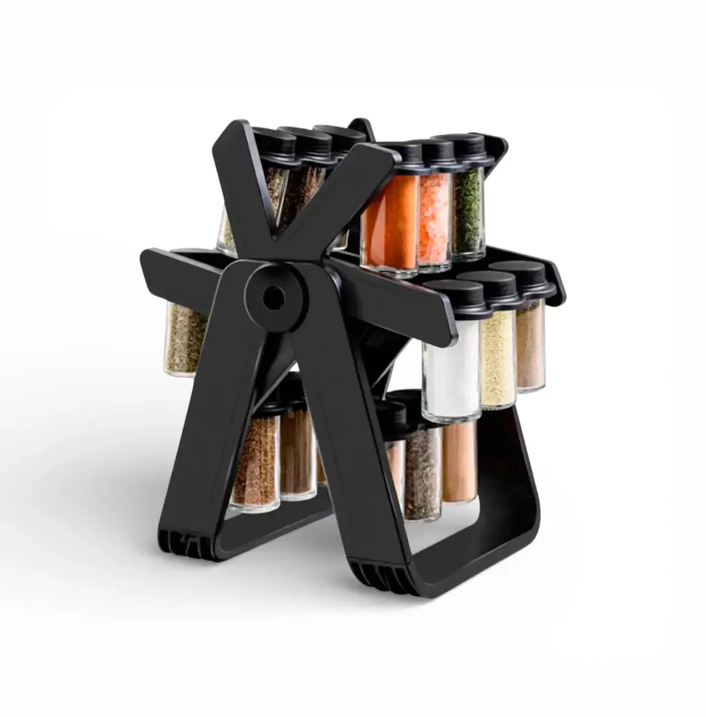 Porta temperos giratório com 18 potes de vidro canelado transparente e base 360 graus em estrutura preta moderna
