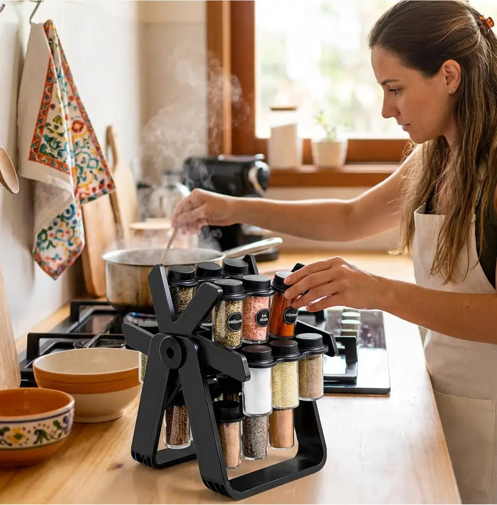 Porta temperos giratório com 18 potes na bancada da cozinha, mostrando design vertical compacto que economiza espaço
