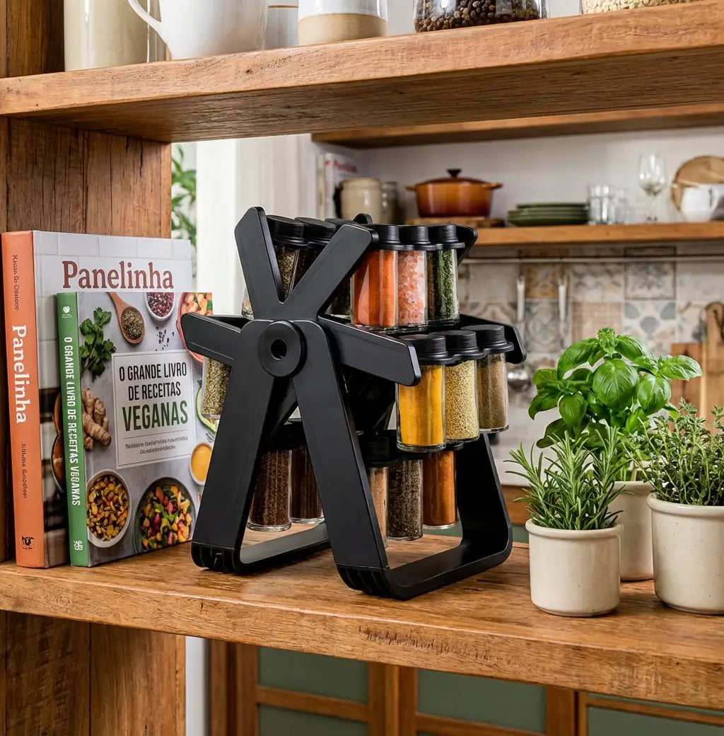 Close dos potes de vidro transparente com tampa dosadora para controle preciso da quantidade de tempero