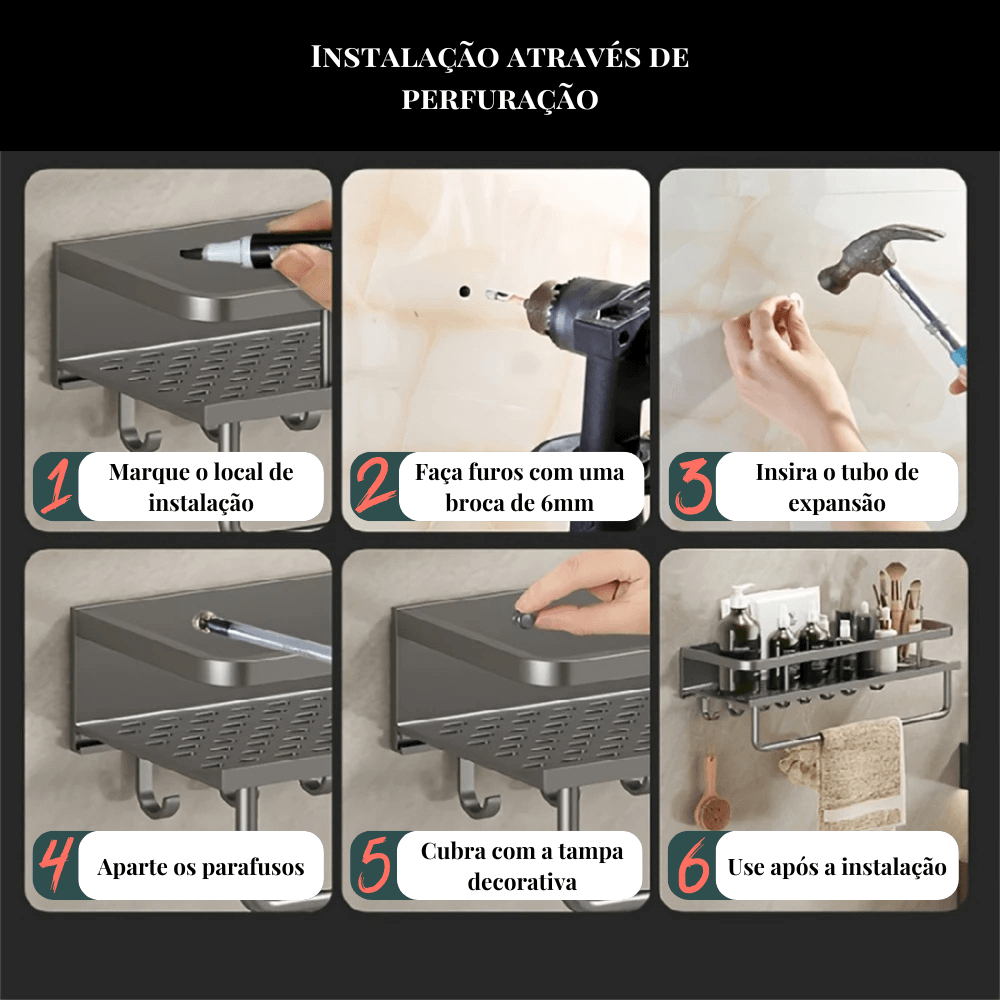 Prateleira de alumínio combinada com decoração, unindo praticidade e estilo.