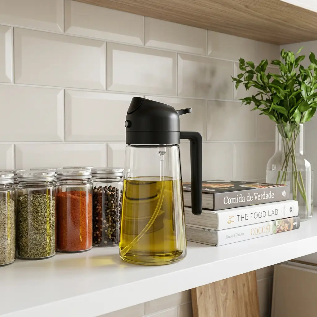 Pulverizador de azeite em uso com spray, distribuindo óleo uniformemente sobre alimentos na frigideira