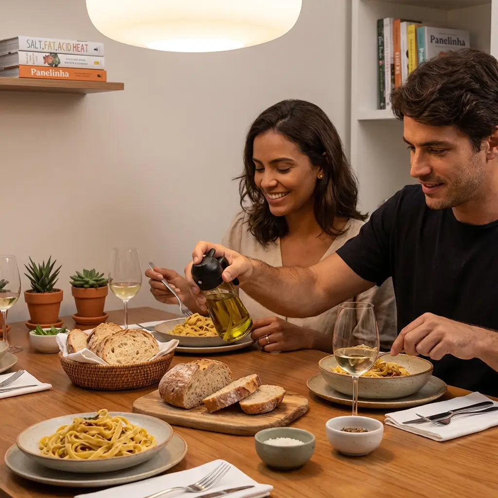 Pulverizadores de azeite 2 em 1 organizados na bancada da cozinha, proporcionando praticidade e decoração clean