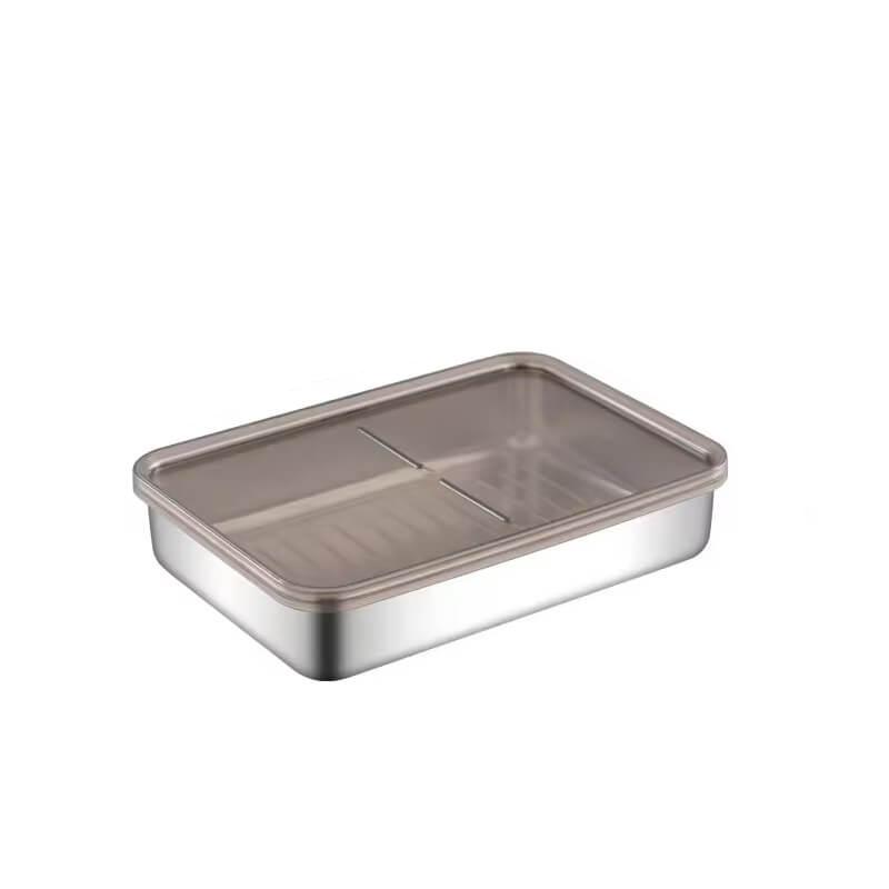 Comparação entre Recipiente de Aço Inox e recipientes tradicionais, destacando a vedação hermética e conservação superior dos alimentos.