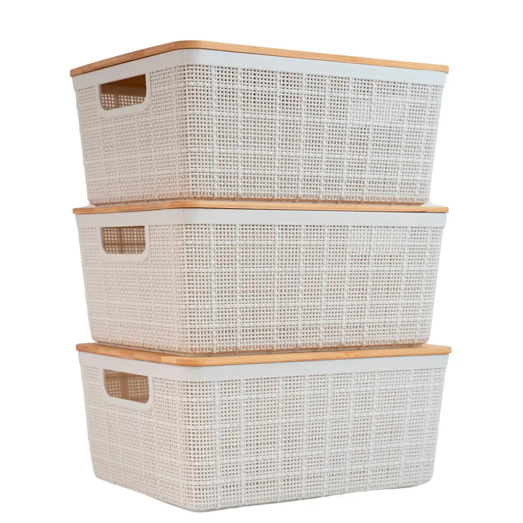 Kit 3 Caixas Organizadoras 4L Brancas com Tampa de Bambu — 24x19x10,5cm