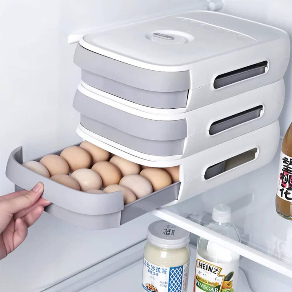 Suporte de Ovos Empilhável com Gaveta com design transparente, permitindo visualização fácil e rápida dos ovos armazenados.