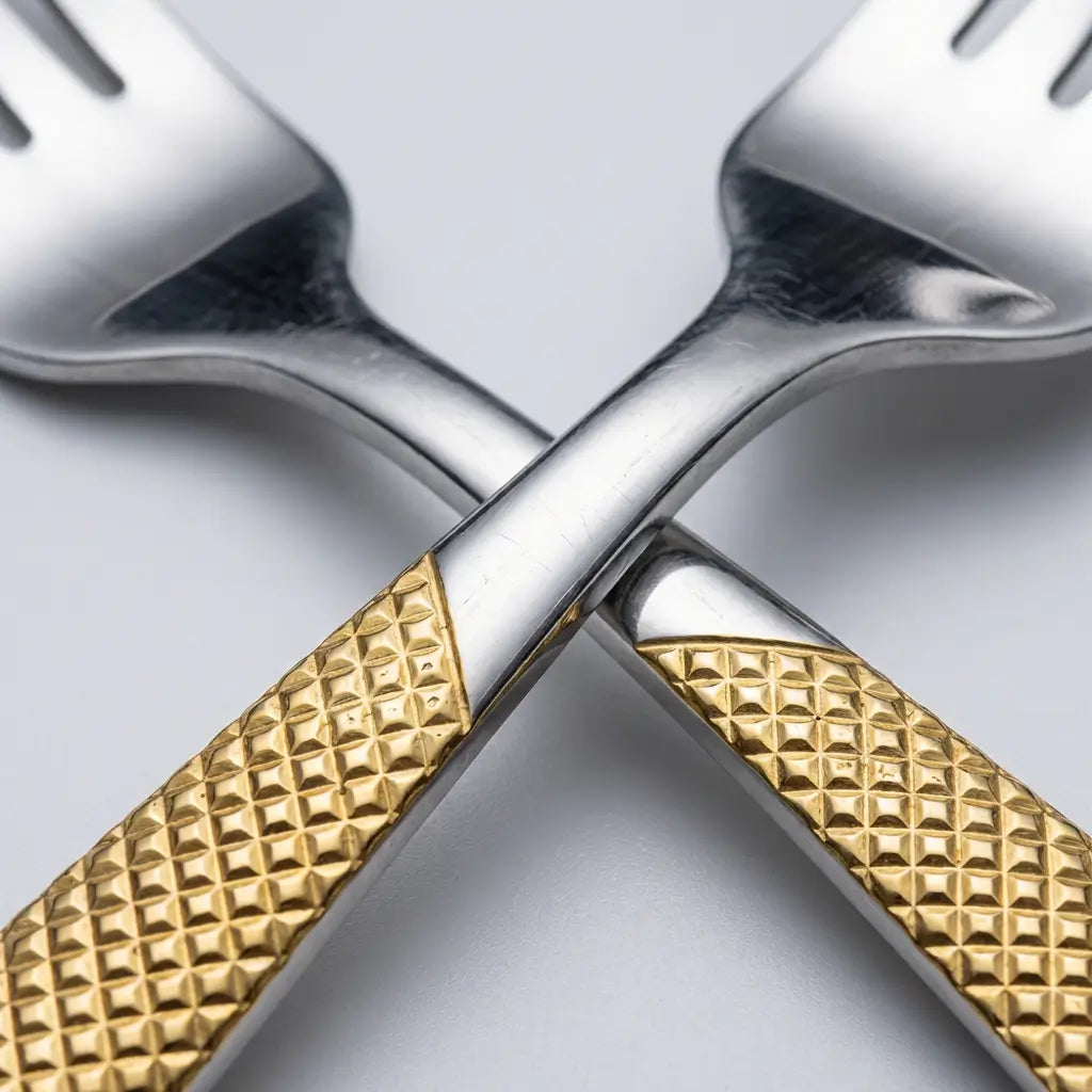 Conjunto de talheres 24 peças com cabo dourado organizados sobre mesa, ideal para 6 pessoas