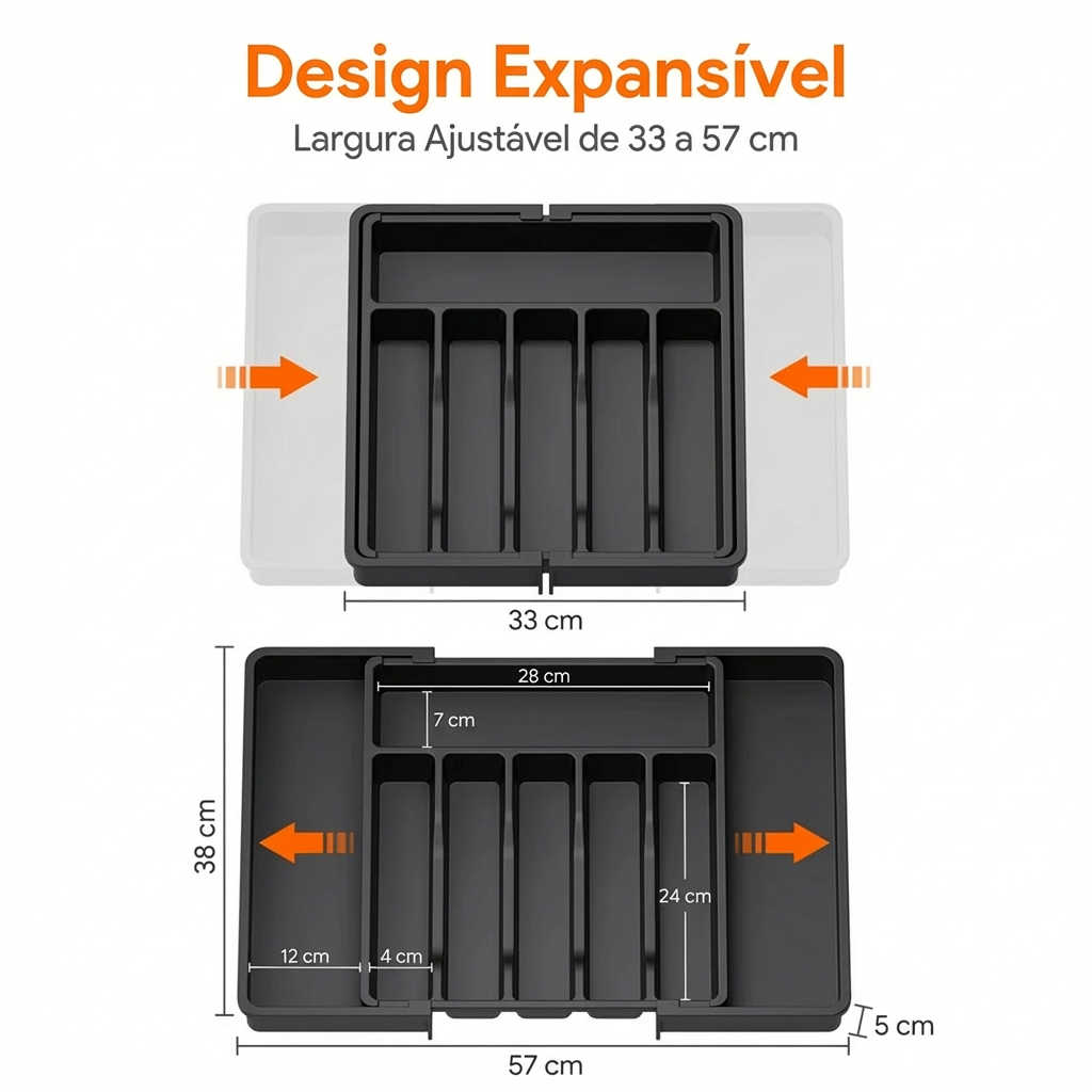 Vista superior do organizador de talheres ajustável completo, destacando capacidade e compartimentos variados